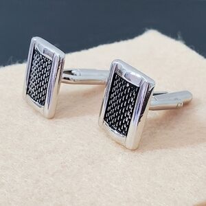 Silver & Black Herringbone Mesh Rectangular Cufflinks - Unisex